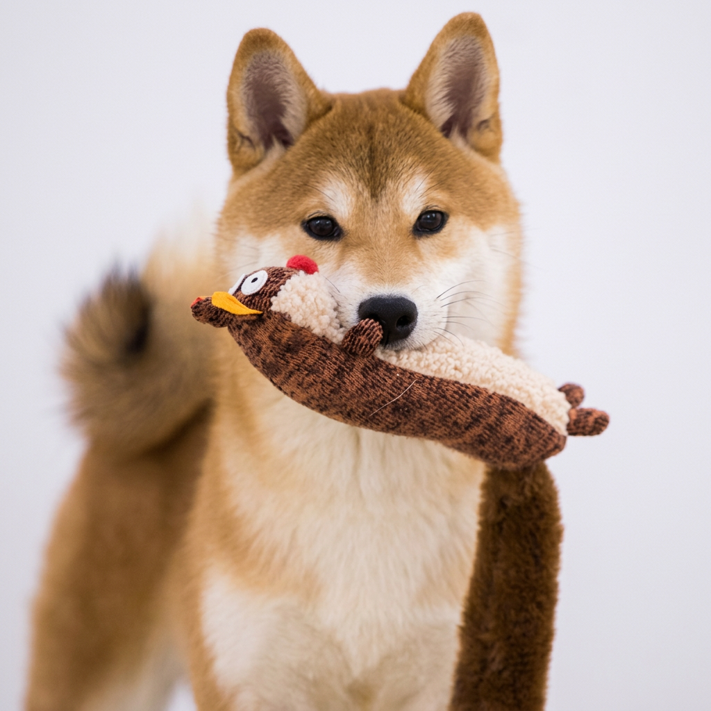 Dog holding plush toy, close-up