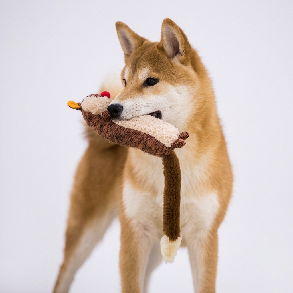 Dog holding plush toy