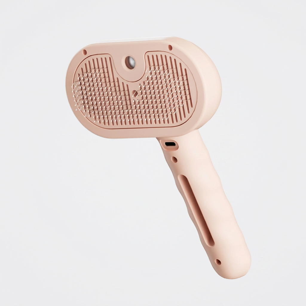 Pink pet grooming brush on a light neutral background