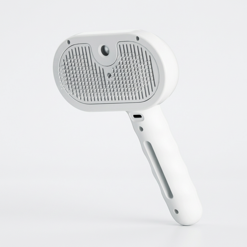 White pet grooming brush on a light neutral background