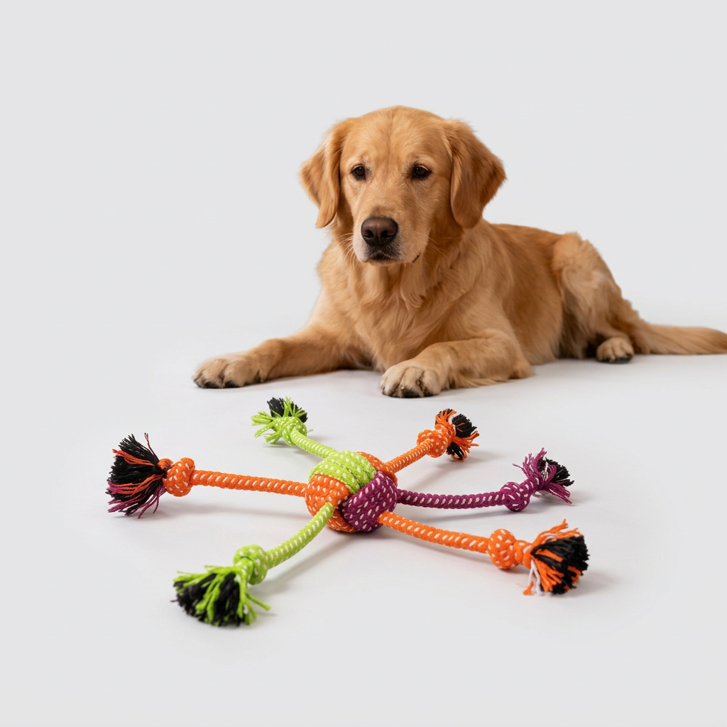 Retriever beside rope toy