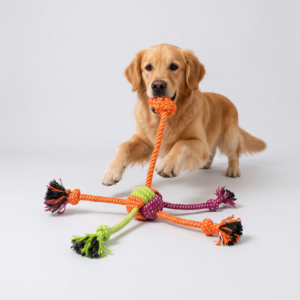 Retriever playing with rope toy