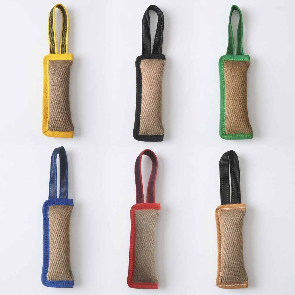 Single-handle woven dog tug toys with assorted trim colours