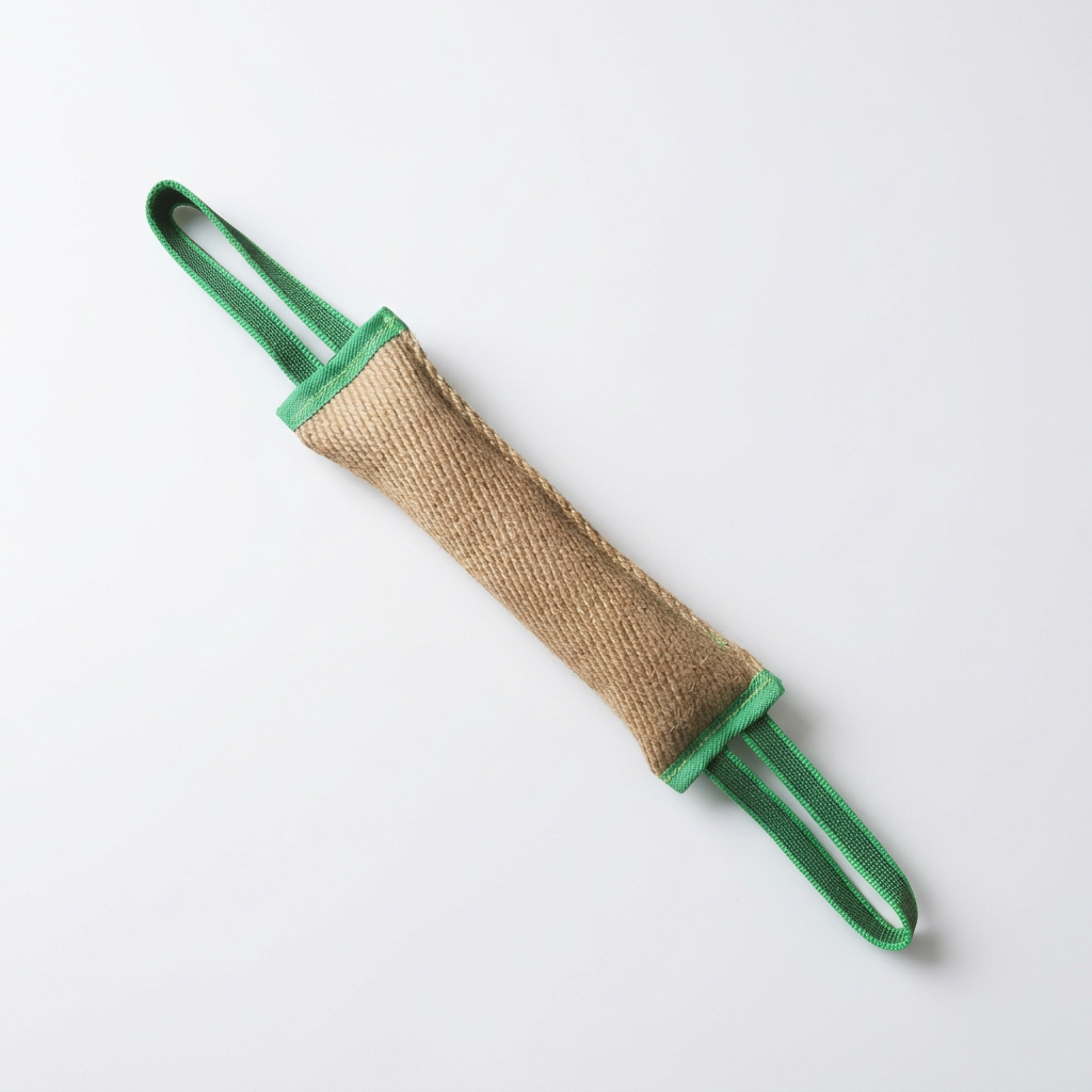 Woven dog tug toy with green loop handles