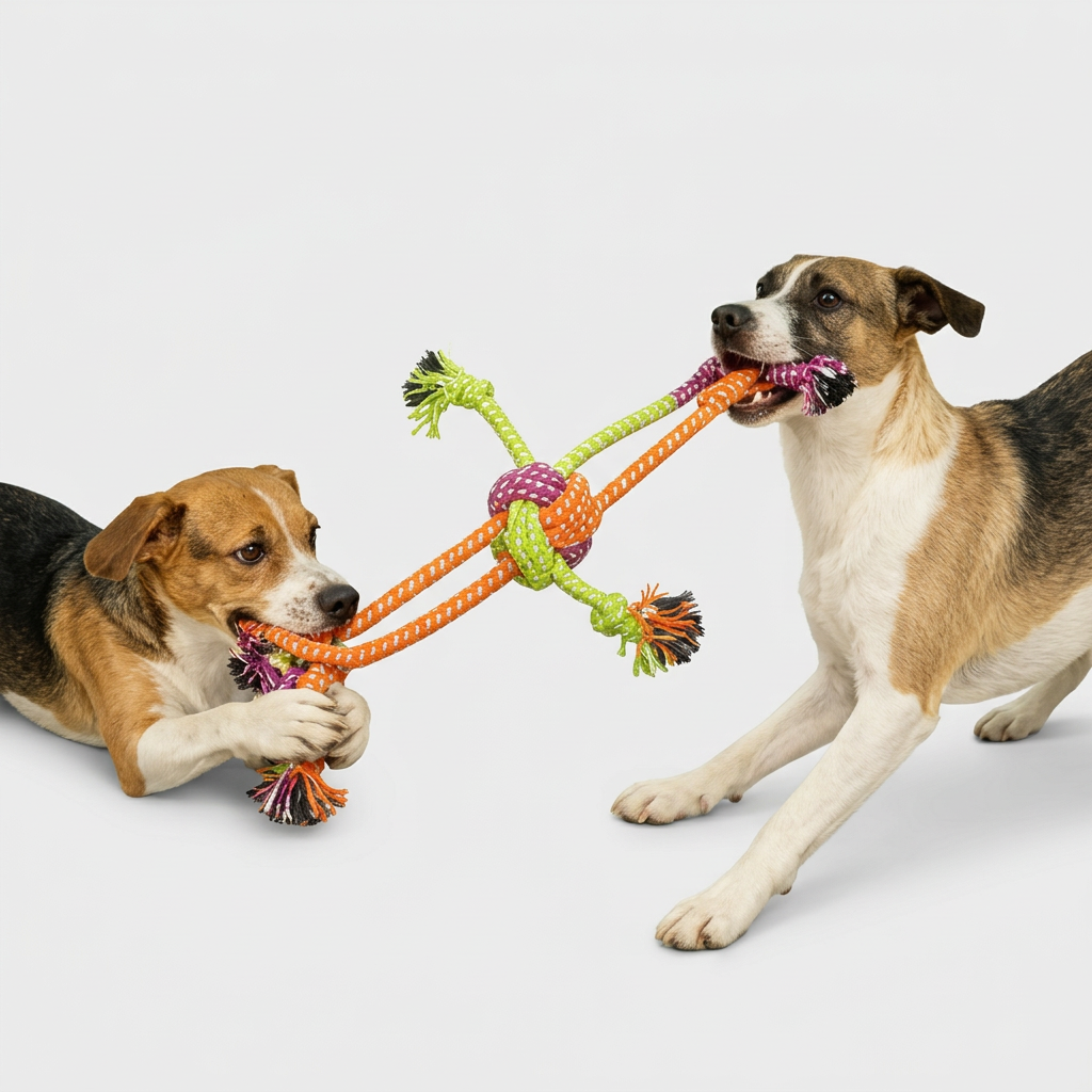Two dogs with rope toy