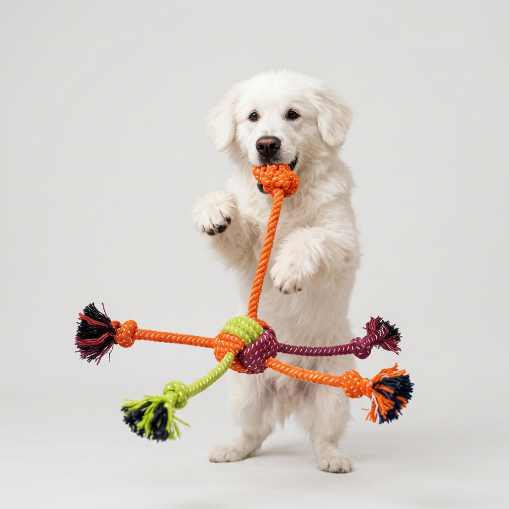 White dog with rope toy